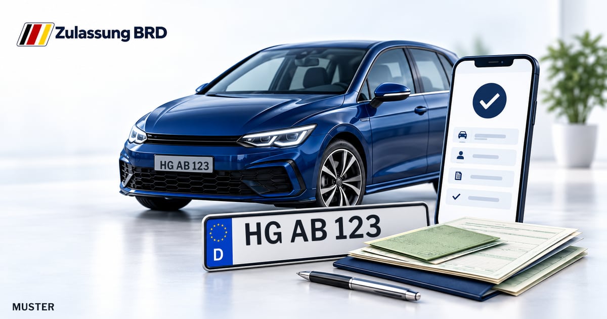 Online Fahrzeugzulassung in Schmitten im Taunus: Musterkennzeichen HG AB 123, Auto und Fahrzeugpapiere und Smartphone. Illustration mit Logo von Zulassung BRD.